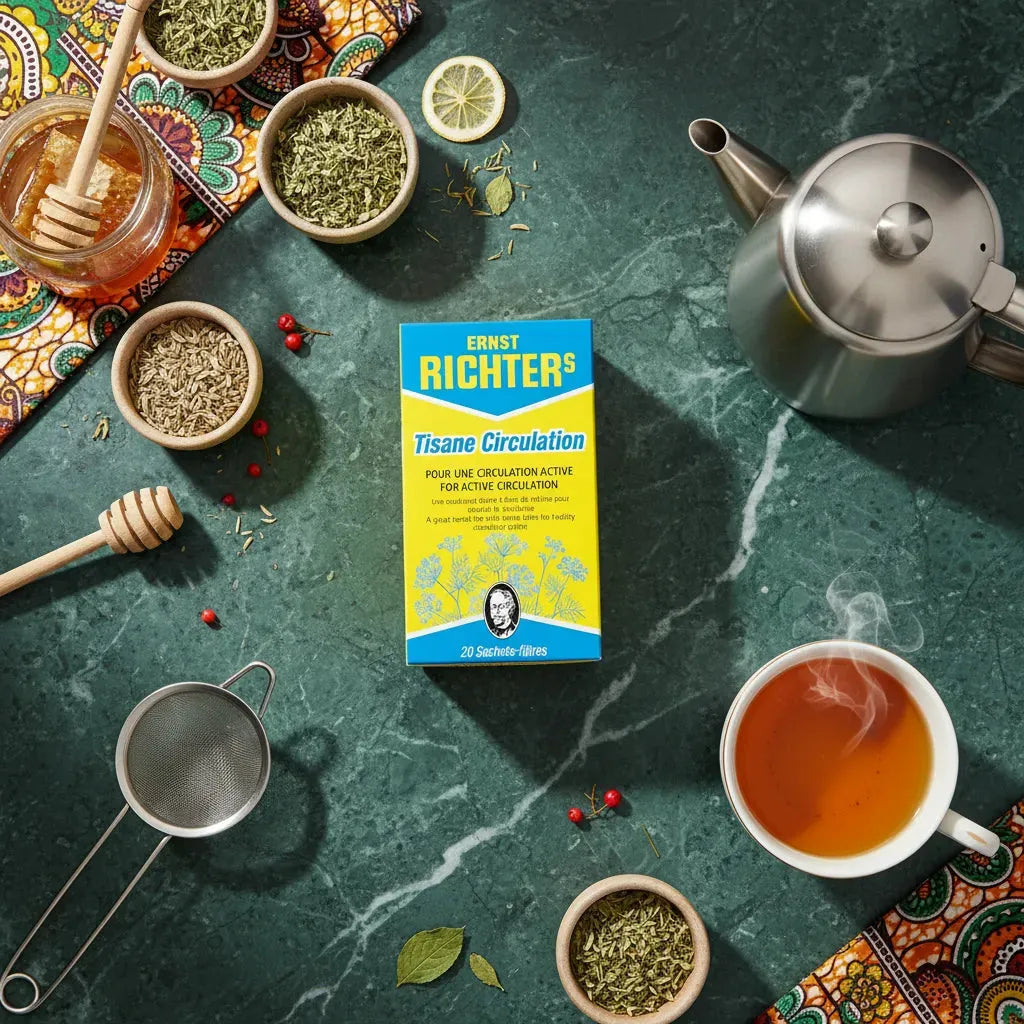 Tisane Circulation DR ERNST'S entourée d'ingrédients naturels comme fenouil, mélisse et miel, sur une table verte, infusion bien-être circulatoire.