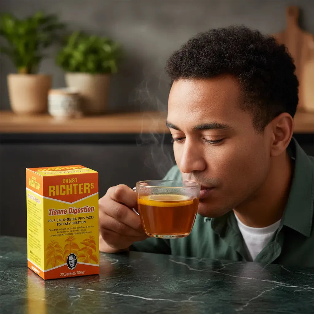 Homme dégustant une tasse de Tisane Digestion DR ERNST'S, infusion naturelle pour le confort digestif, boîte visible à côté.