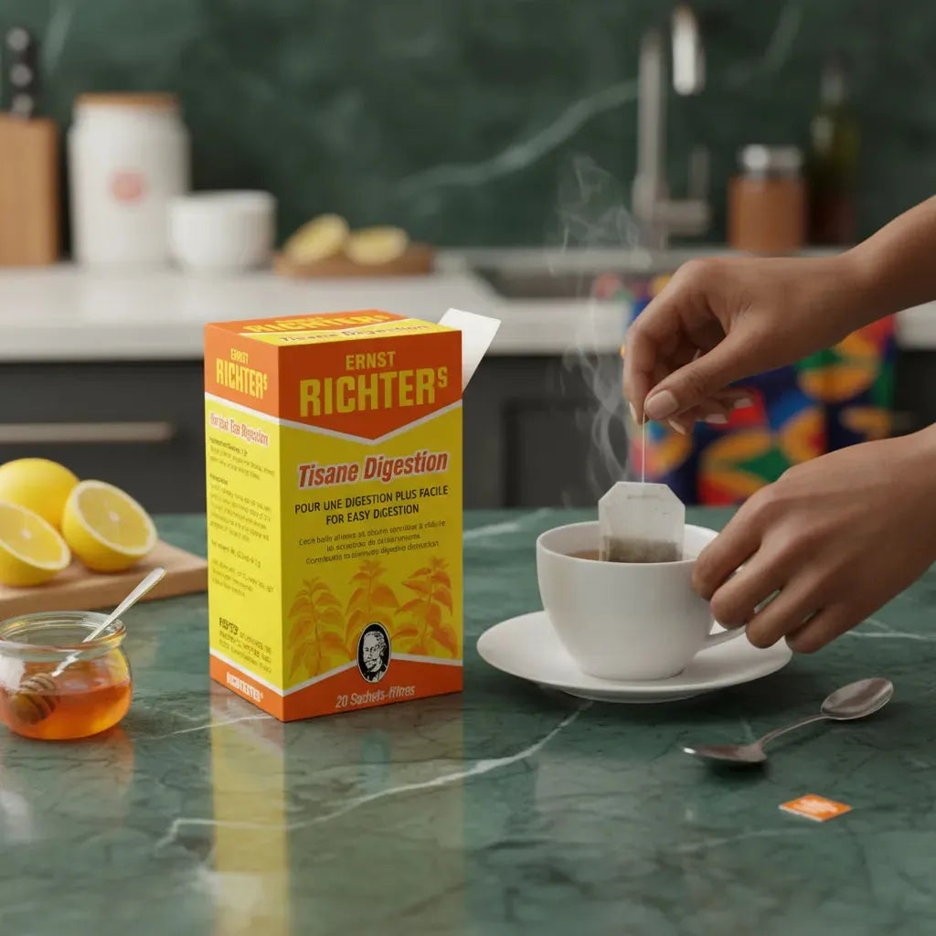 Préparation d'une tasse de Tisane Digestion DR ERNST'S sur un plan de travail avec citron et miel, infusion digestive naturelle en sachet.