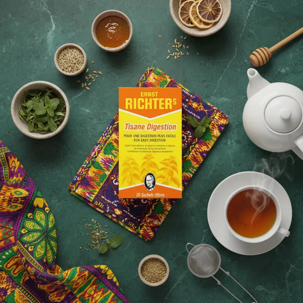 Tisane Digestion DR ERNST'S posée sur un tissu coloré avec théière, herbes et épices, infusion bien-être pour digestion facile.
