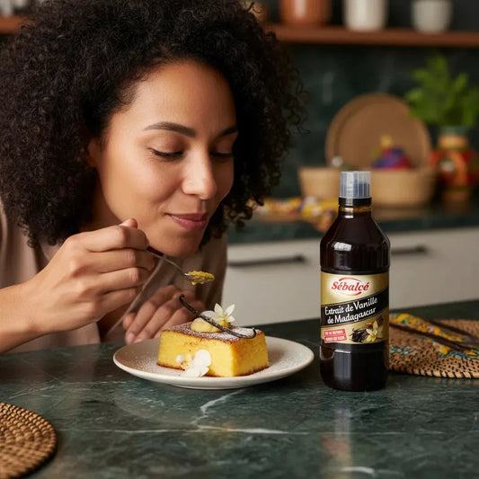 Femme dégustant un gâteau à la vanille avec extrait de vanille de Madagascar SEBALCE en cuisine, parfait pour desserts gourmands.