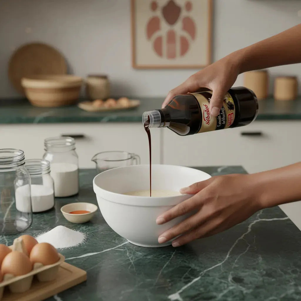 Versement d'extrait de vanille de Madagascar SEBALCE dans un bol de préparation pâtissière, ingrédient clé pour desserts savoureux.