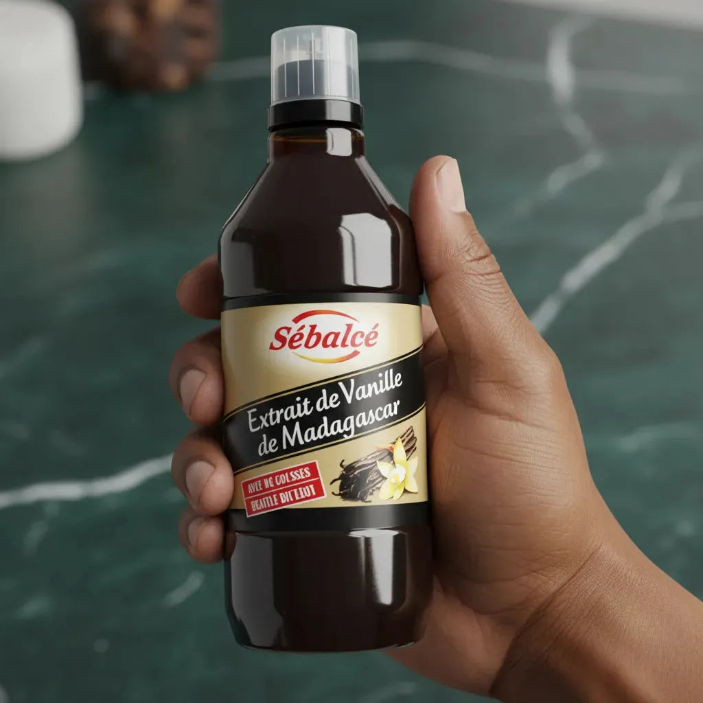 Main tenant une bouteille d'extrait de vanille de Madagascar SEBALCE, arôme riche pour préparations sucrées et pâtisserie maison.