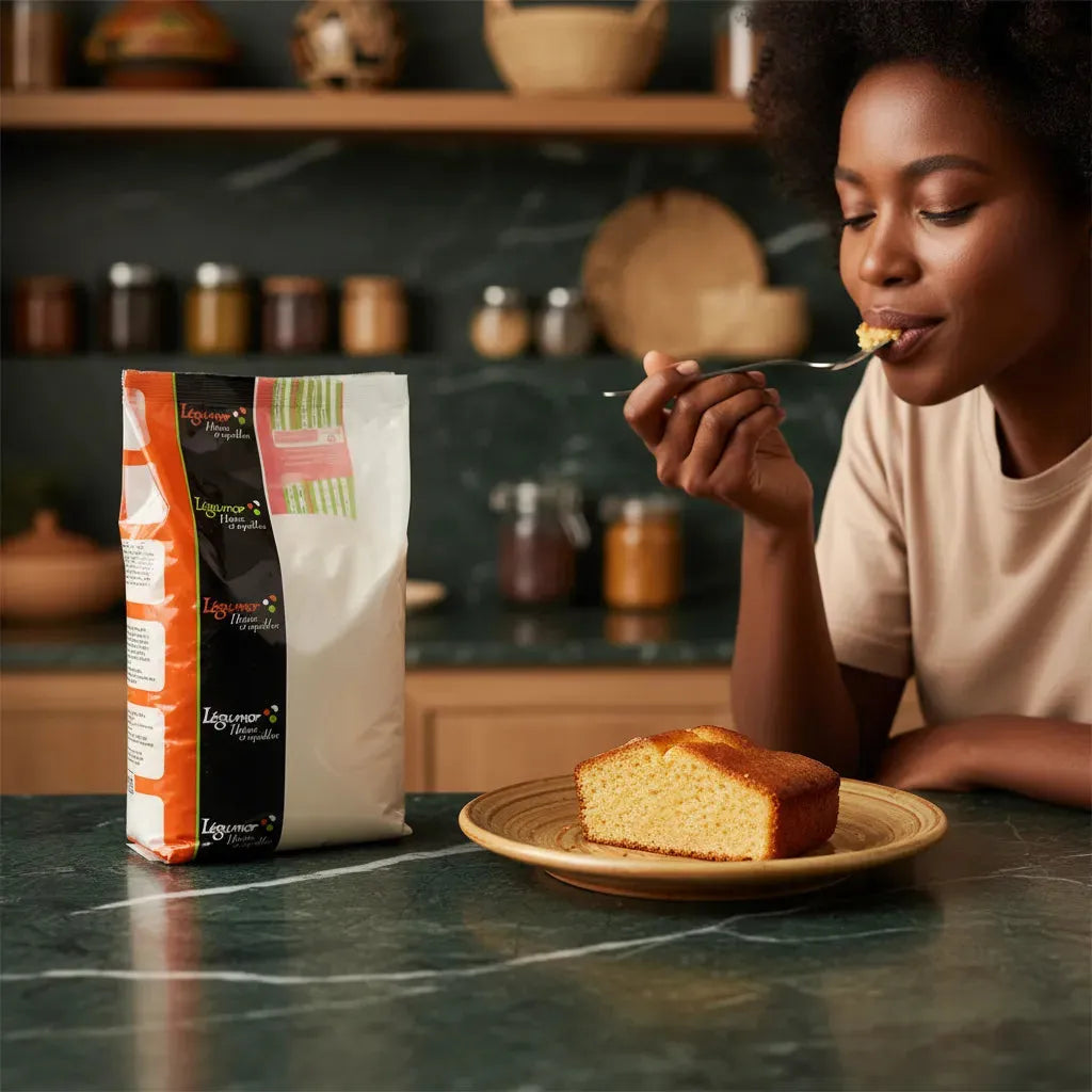 Farine de riz LEGUMOR sans gluten posée sur un plan de travail, utilisée pour un gâteau moelleux. Ingrédient léger pour pâtisseries maison.