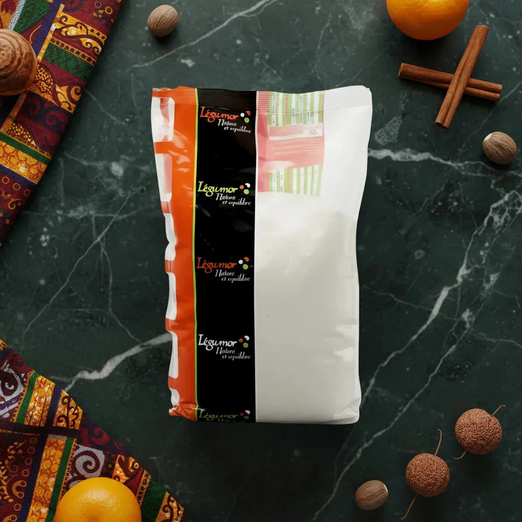 Sachet de farine de riz LEGUMOR sans gluten sur table en marbre, entouré d'épices et fruits. Ingrédient polyvalent pour cuisine créative.