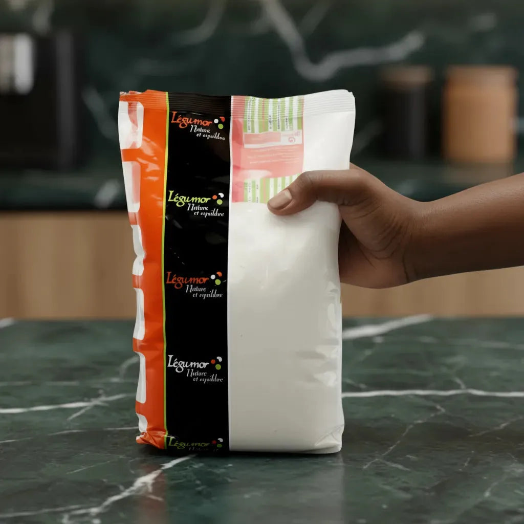 Main tenant un sachet de farine de riz LEGUMOR sans gluten. Produit d'épicerie salée pratique pour une cuisine légère et sans gluten.