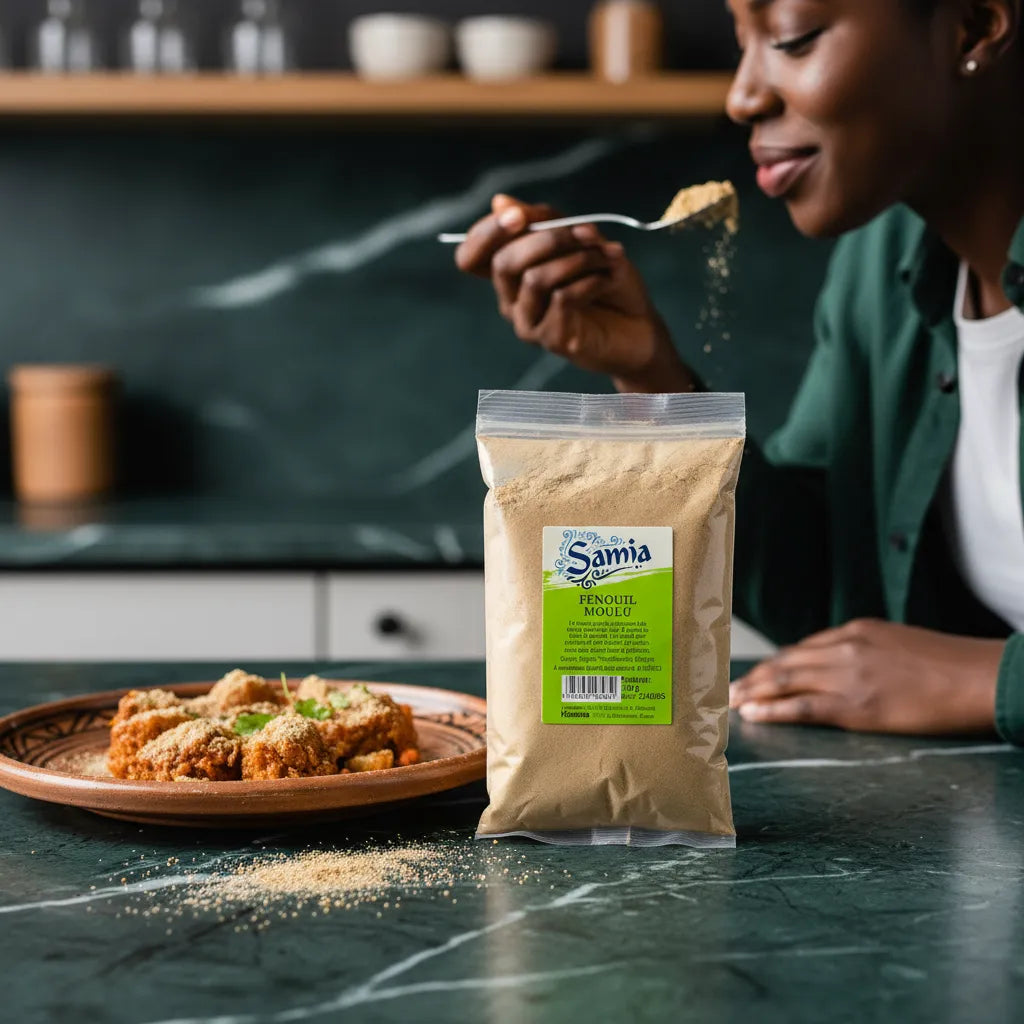 Femme dégustant un plat assaisonné avec fenouil moulu SAMIA, sachet visible au premier plan. Épice idéale pour cuisine maison parfumée.