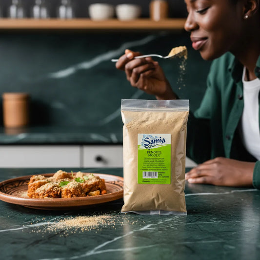 Femme dégustant un plat assaisonné avec fenouil moulu SAMIA, sachet visible au premier plan. Épice idéale pour cuisine maison parfumée.