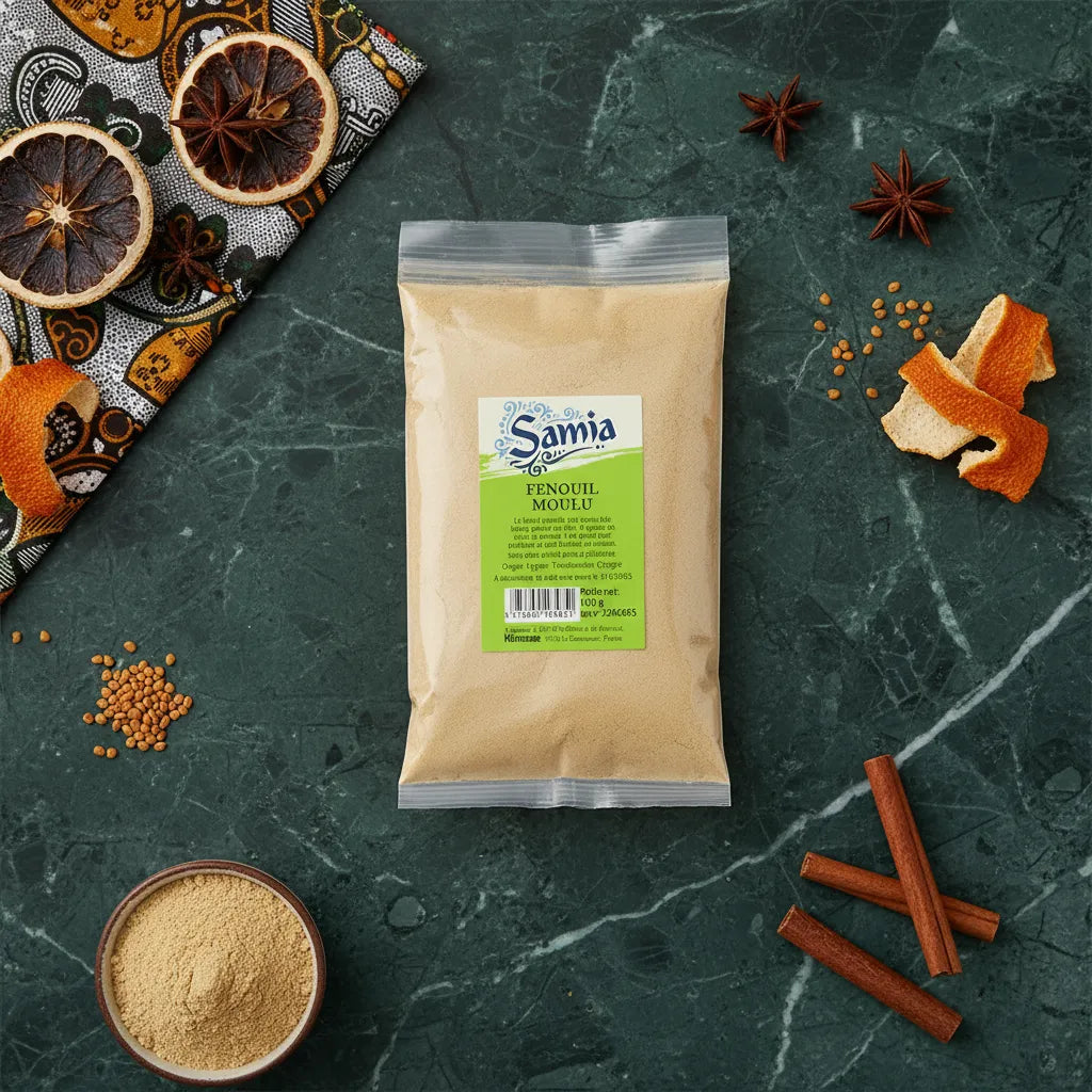 Sachet de fenouil moulu SAMIA posé sur table en marbre avec épices autour. Saveur anisée parfaite pour assaisonner plats et marinades.