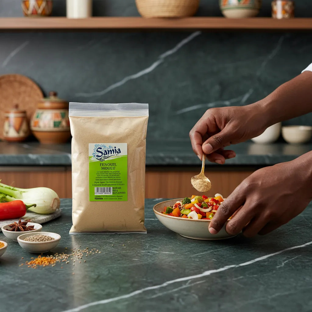 Cuillère de fenouil moulu SAMIA ajoutée à une salade colorée. Épice aromatique pour relever plats froids et chauds avec une touche anisée.