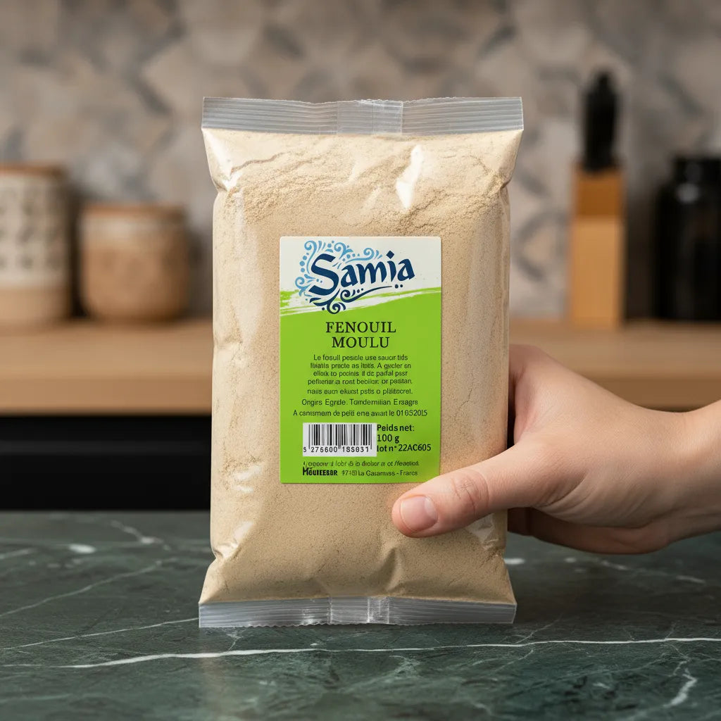 Main tenant un sachet de fenouil moulu SAMIA, épice anisée pour soupes et ragoûts. Produit d'épicerie salée pour assaisonnement naturel.