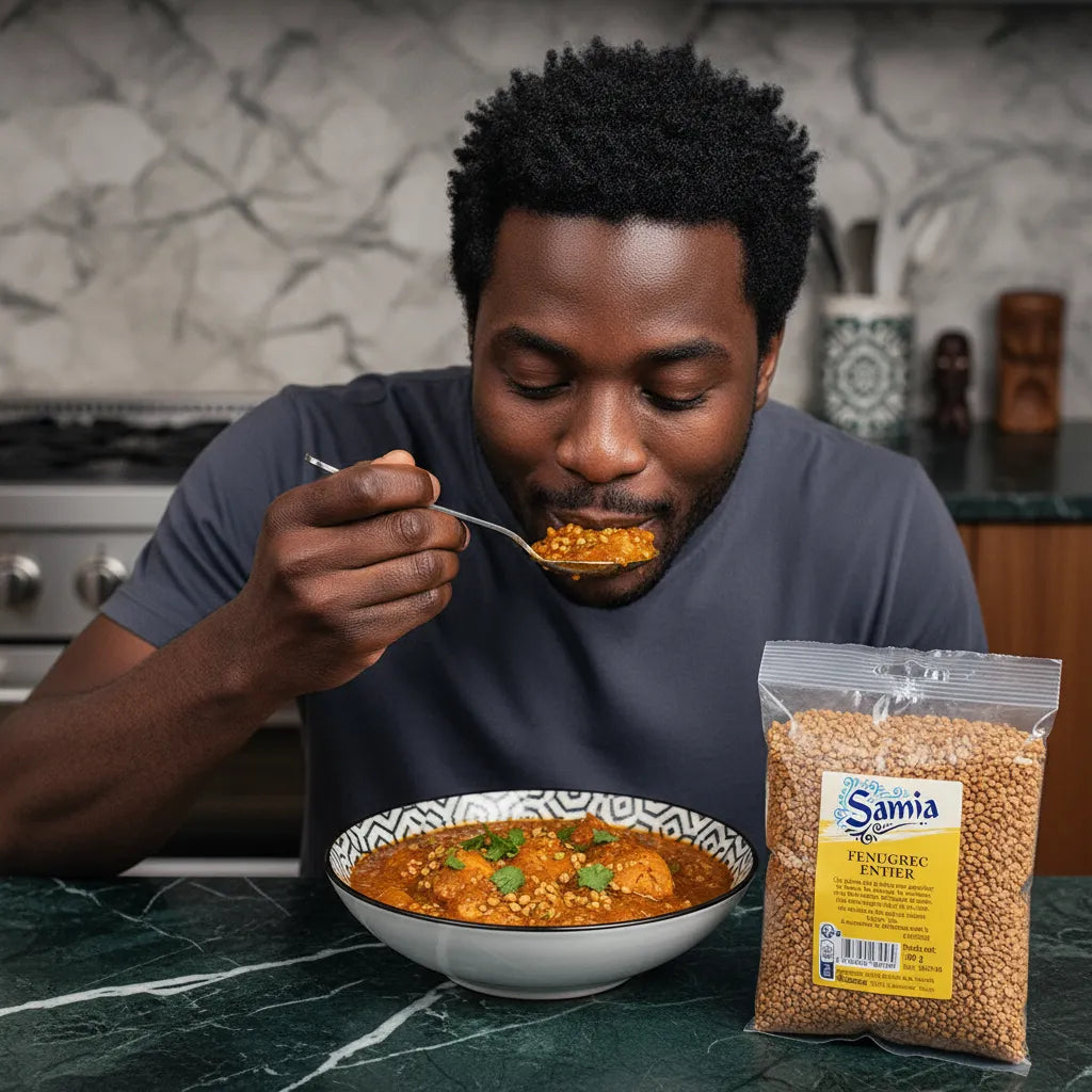 Homme dégustant un plat cuisiné avec les graines de fenugrec entier SAMIA, révélant leur saveur intense dans une recette maison.