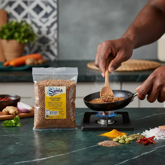 Cuisson des graines de fenugrec entier SAMIA à la poêle, idéales pour libérer leur arôme puissant dans vos préparations culinaires.