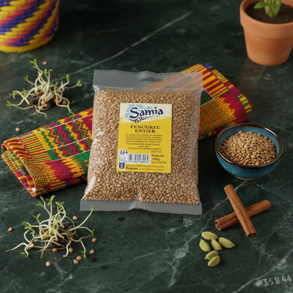 Sachet de fenugrec entier SAMIA posé sur une table avec épices et tissus traditionnels, parfait pour une cuisine épicée et authentique.