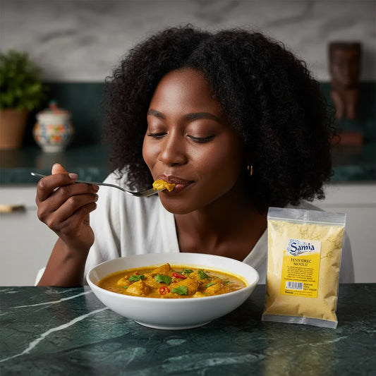 Femme dégustant un plat épicé avec du fenugrec moulu SAMIA, parfait pour relever les recettes avec une touche d’amertume aromatique.