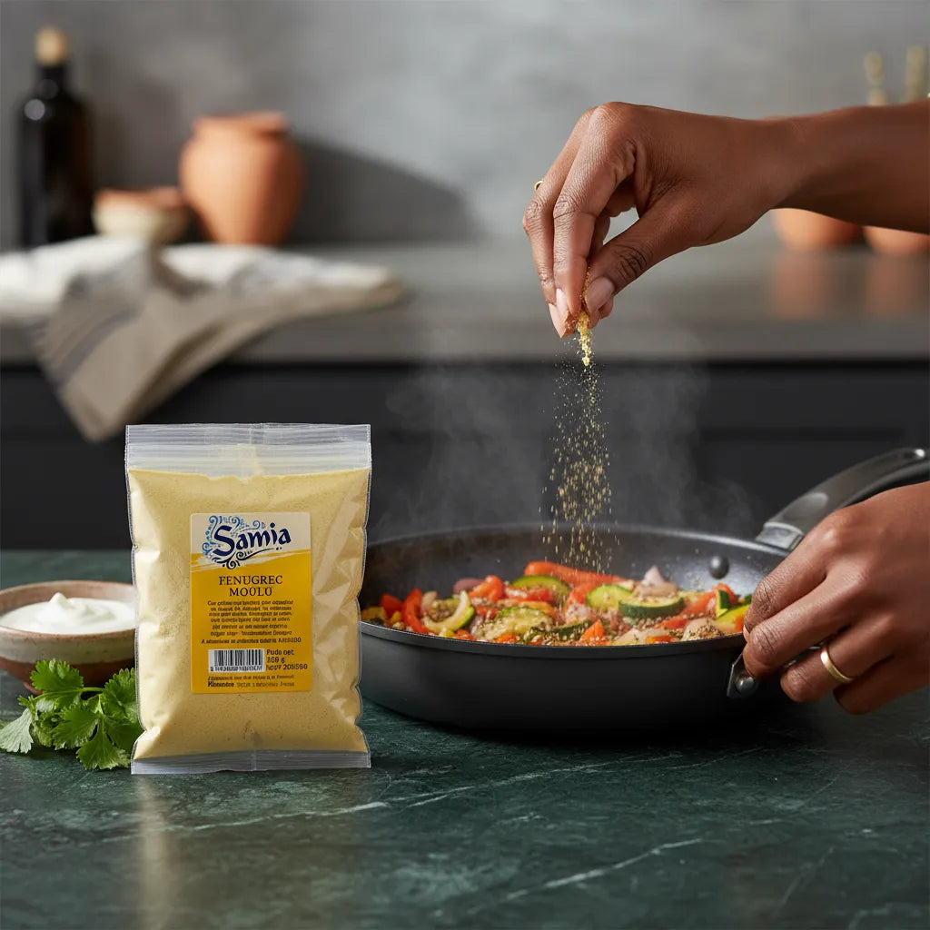 Main saupoudrant du fenugrec moulu SAMIA dans une poêle de légumes sautés, pour une saveur intense et légèrement amère en cuisine.
