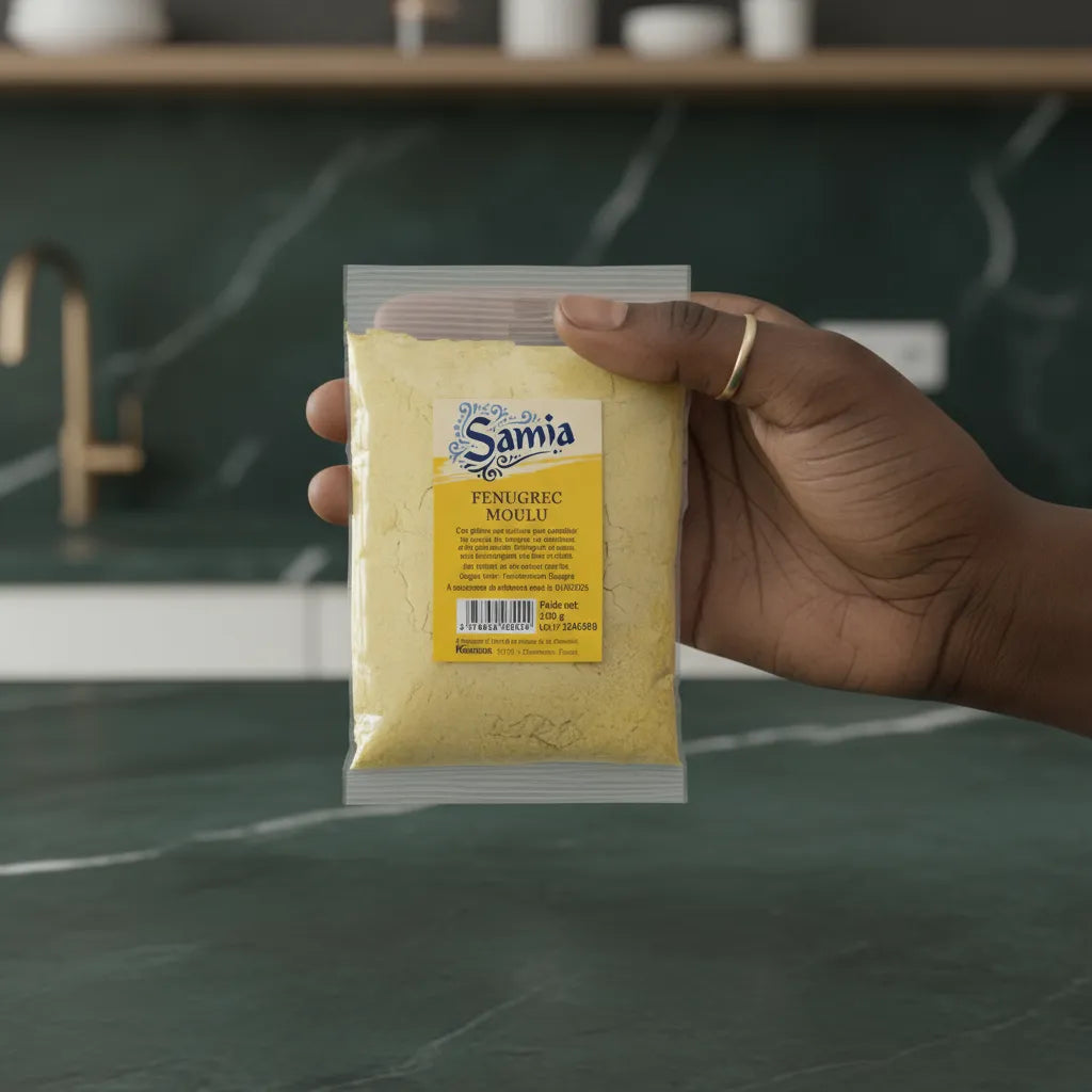 Main tenant un sachet de fenugrec moulu SAMIA, épice fine et aromatique à utiliser pour rehausser les plats salés avec une note amère.