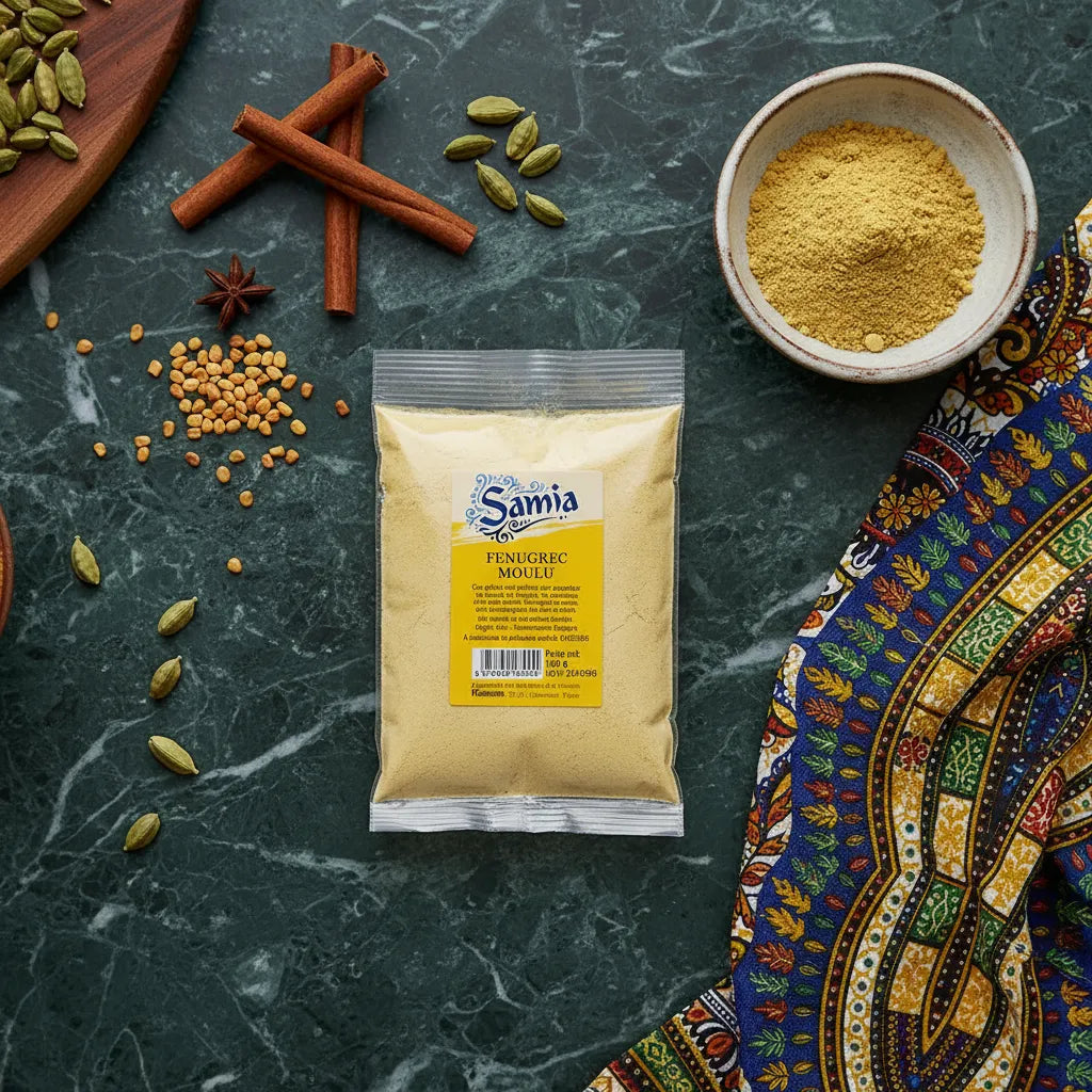 Sachet de fenugrec moulu SAMIA posé sur un plan de travail avec épices variées, parfait pour la cuisine orientale et les plats mijotés.