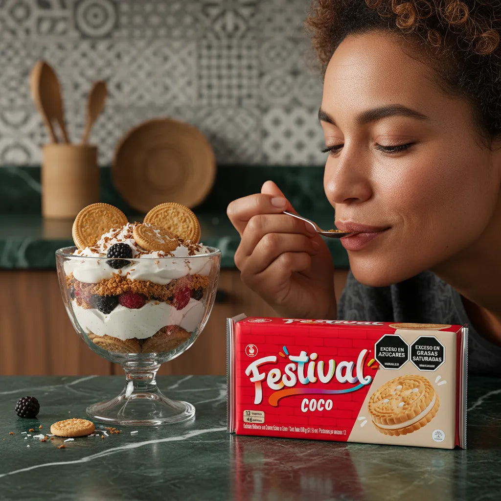 Femme dégustant un dessert avec Biscuits coco FESTIVAL, biscuits croquants à la noix de coco, parfaits pour les goûters exotiques.