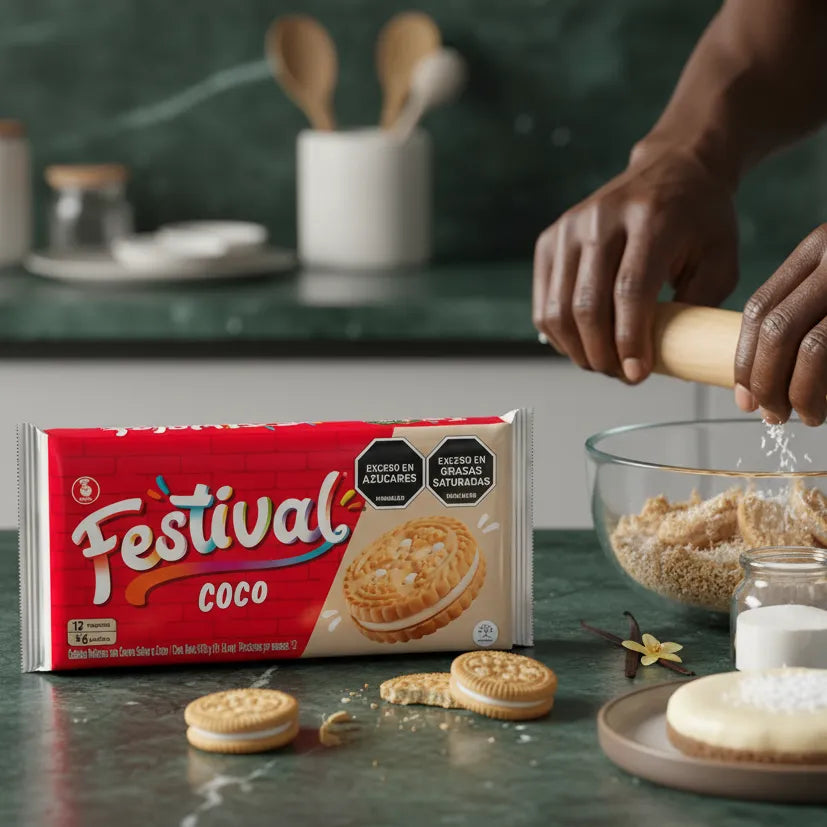 Préparation de dessert avec Biscuits coco FESTIVAL sur plan de travail, biscuits sucrés à la noix de coco pour recettes créatives.