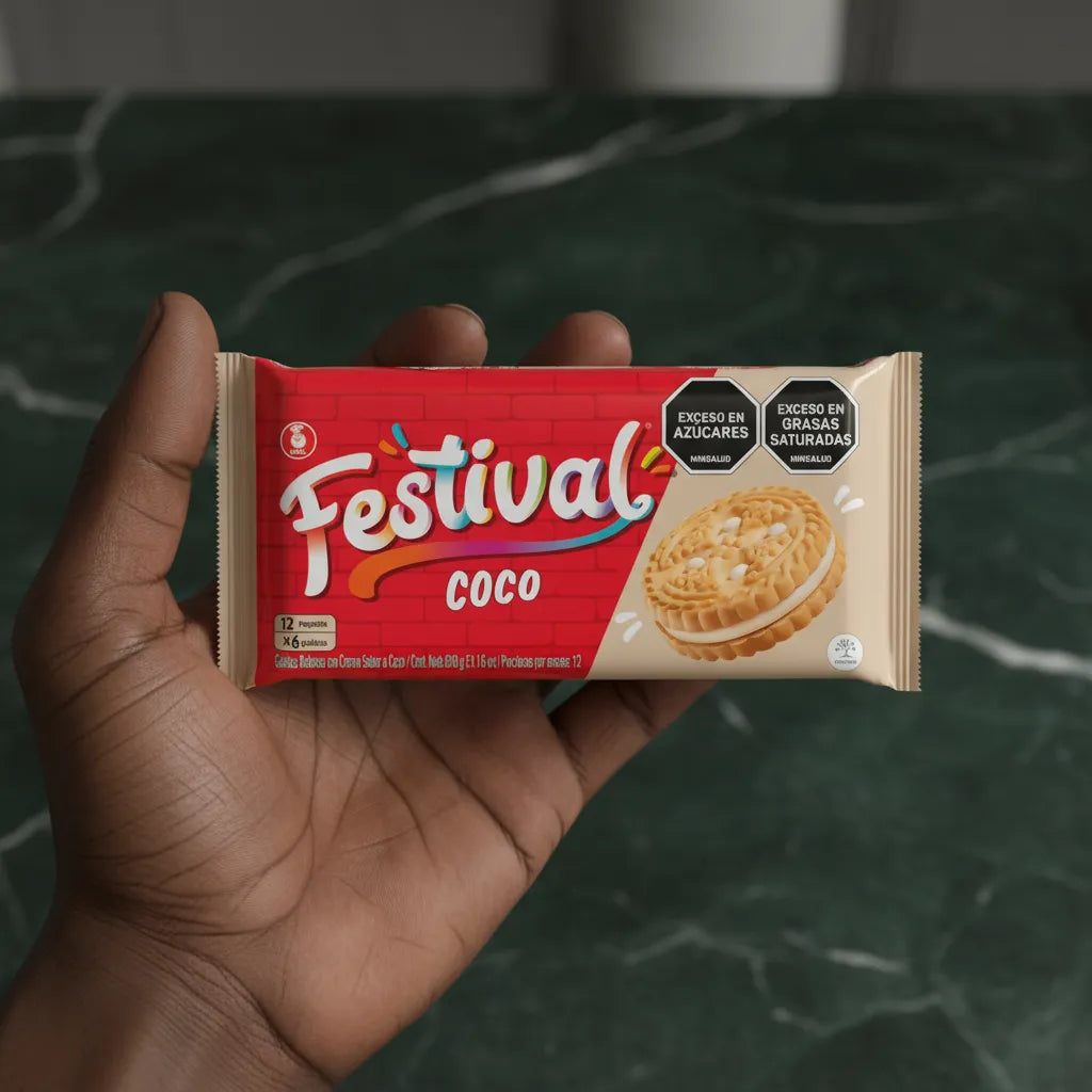 Main tenant un paquet de Biscuits coco FESTIVAL, biscuits croquants à la noix de coco, format pratique pour emporter.