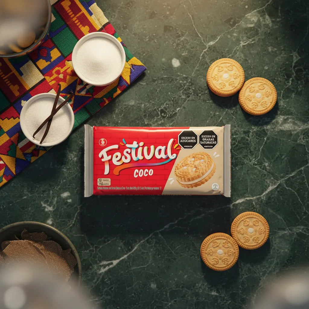 Biscuits coco FESTIVAL posés sur une table en marbre, biscuits sucrés à la noix de coco, idéals pour une pause gourmande tropicale.