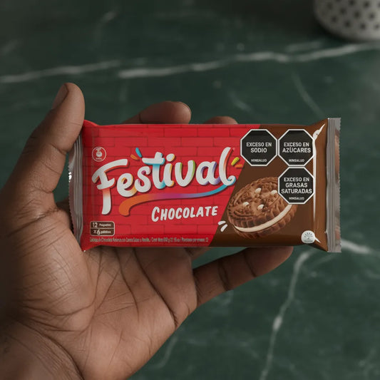 Main tenant un paquet de biscuits chocolat FESTIVAL, format pratique pour collation ou dessert, texture croquante.
