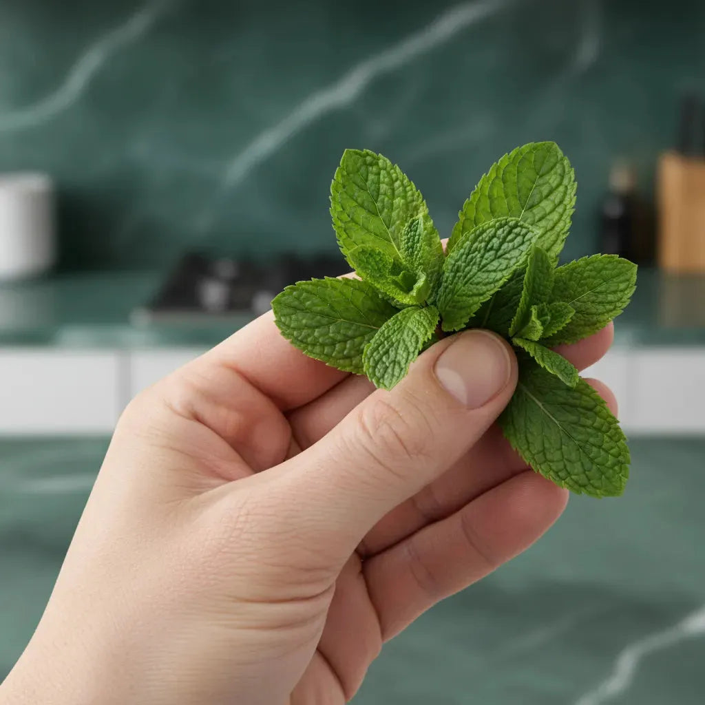 Brin de menthe fraîche tenu à la main, parfait pour rehausser les recettes avec son goût vivifiant et ses propriétés digestives.
