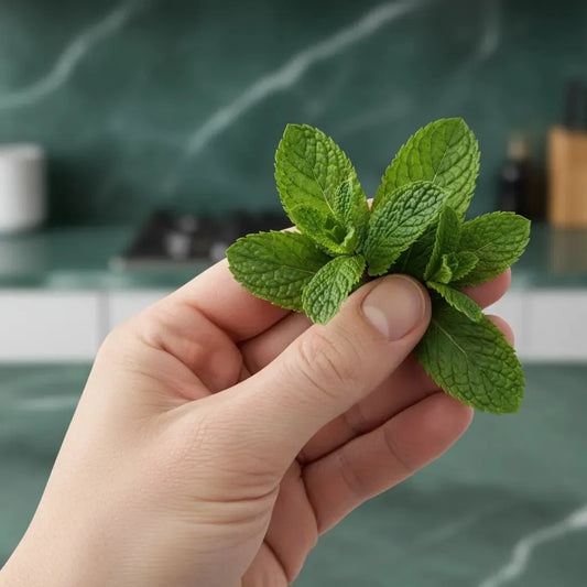 Brin de menthe fraîche tenu à la main, parfait pour rehausser les recettes avec son goût vivifiant et ses propriétés digestives.