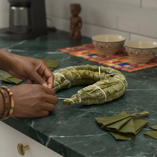 Préparation artisanale du bobolo frais fermenté sur un plan de travail, produit traditionnel à base de manioc riche en nutriments.