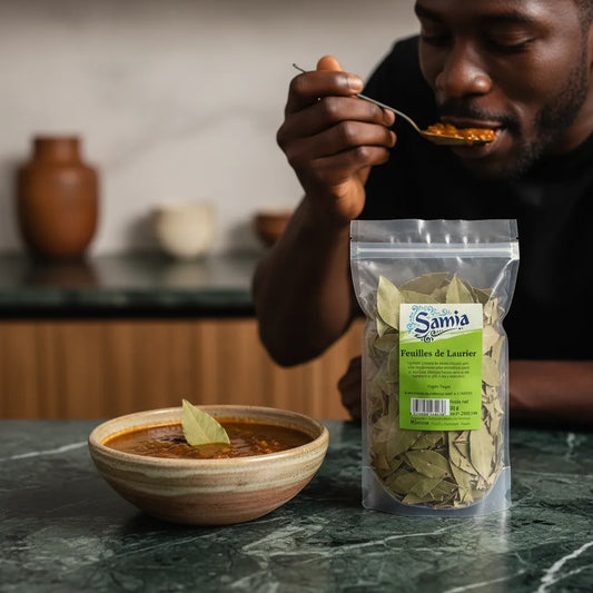 Feuilles de laurier SAMIA utilisées pour parfumer un plat chaud, avec sachet visible. Laurier séché idéal pour cuisine savoureuse et épicerie salée.