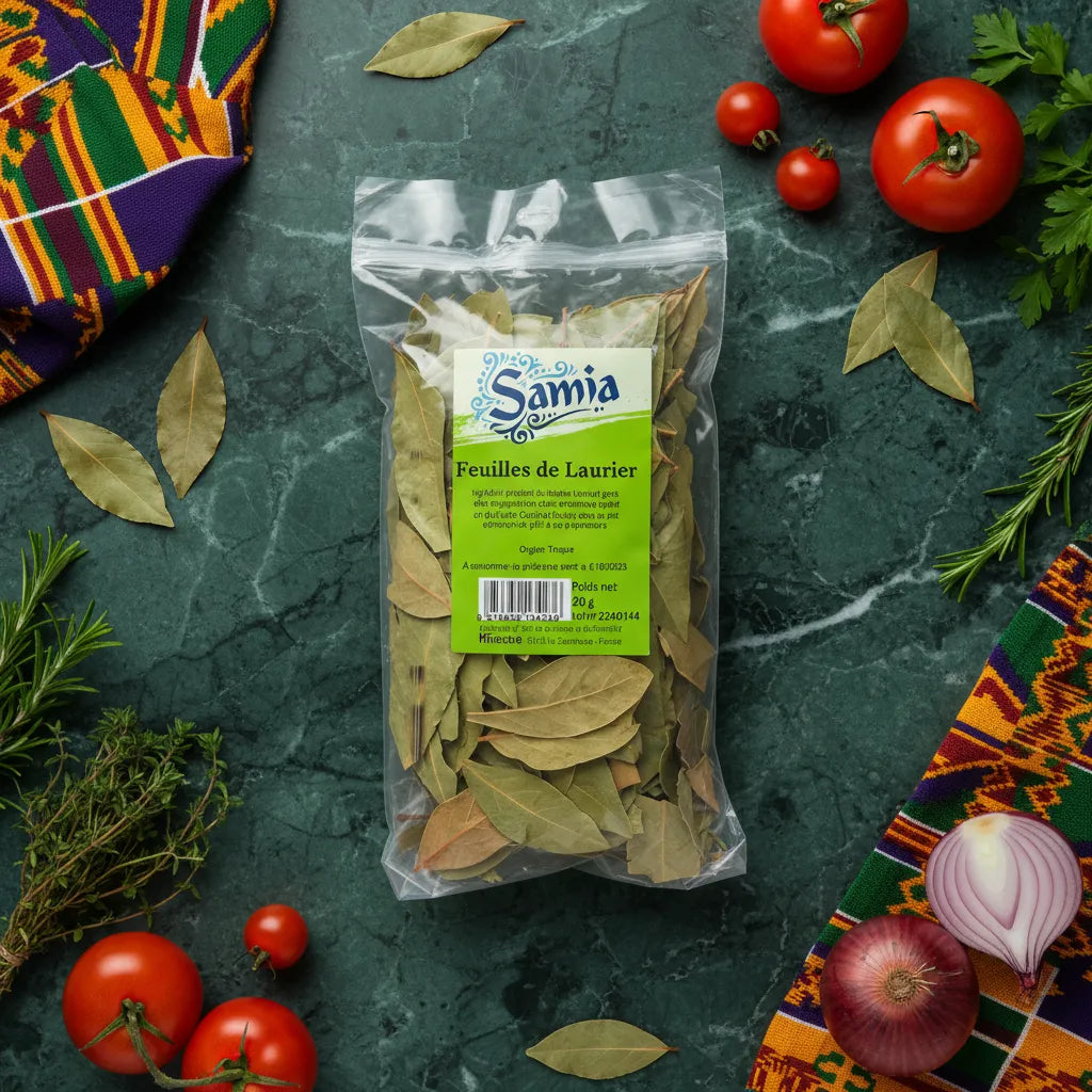 Sachet de feuilles de laurier SAMIA entouré d'ingrédients frais sur fond vert. Laurier séché pour rehausser les plats selon la tradition culinaire.
