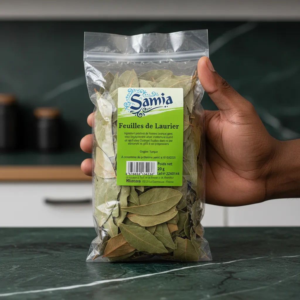 Main tenant un sachet de feuilles de laurier SAMIA sur plan de travail. Laurier séché pour parfumer plats mijotés et sauces traditionnelles.