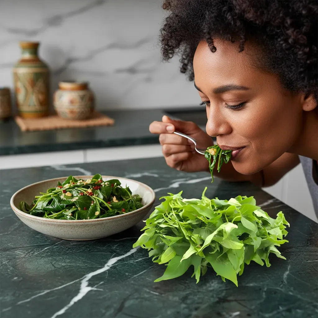 Femme dégustant un plat à base de feuille de patate fraîches. Matembele, légume sain pour recettes savoureuses et naturelles.