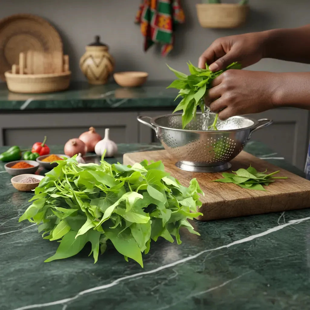 Préparation de feuille de patate fraîches dans une cuisine africaine, rincées dans une passoire. Légume tropical pour repas équilibrés.