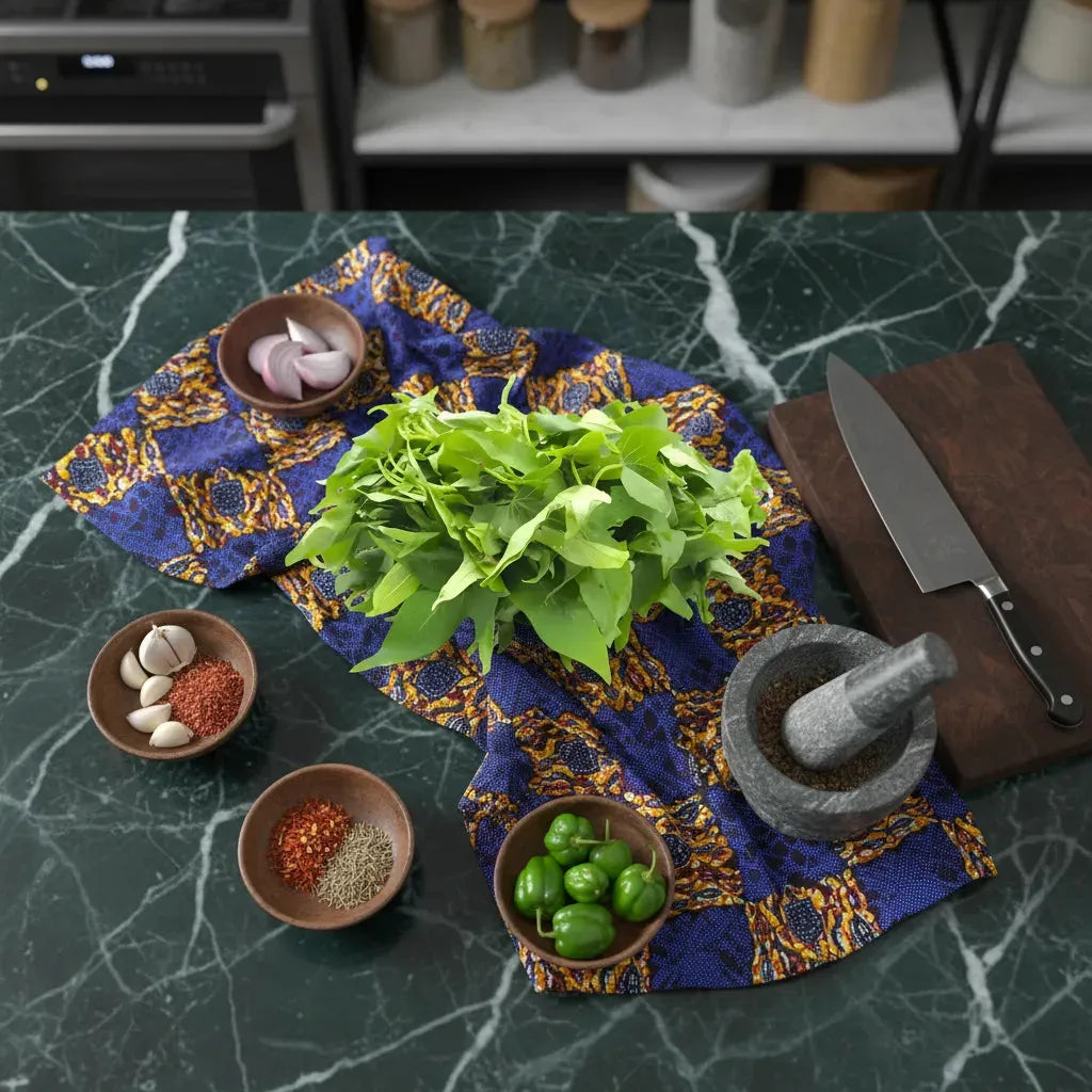 Feuille de patate fraîches sur tissu africain avec épices et ustensiles. Ingrédient clé pour cuisine traditionnelle et plats tropicaux.