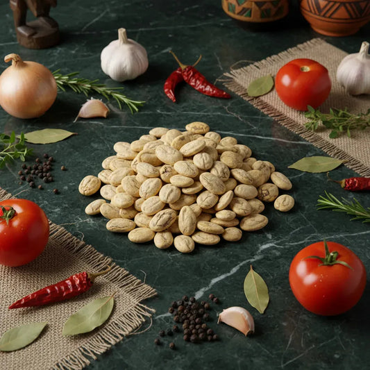 Fève d'odika / Kaclou entière entourée d'ingrédients frais. Produit d'épicerie salée parfait pour soupes et sauces authentiques.