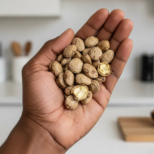 Main tenant fèves d'odika / Kaclou entières. Produit naturel d'épicerie salée, riche en goût et parfait pour la cuisine africaine.