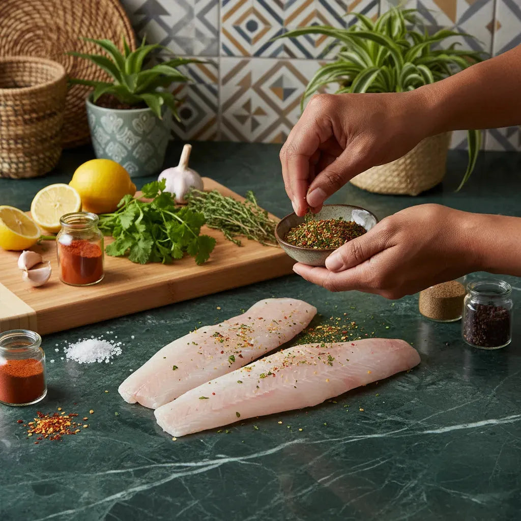 Filets de merlu sans peau assaisonnés avec épices fraîches sur plan de travail, parfaits pour une cuisson savoureuse et rapide.