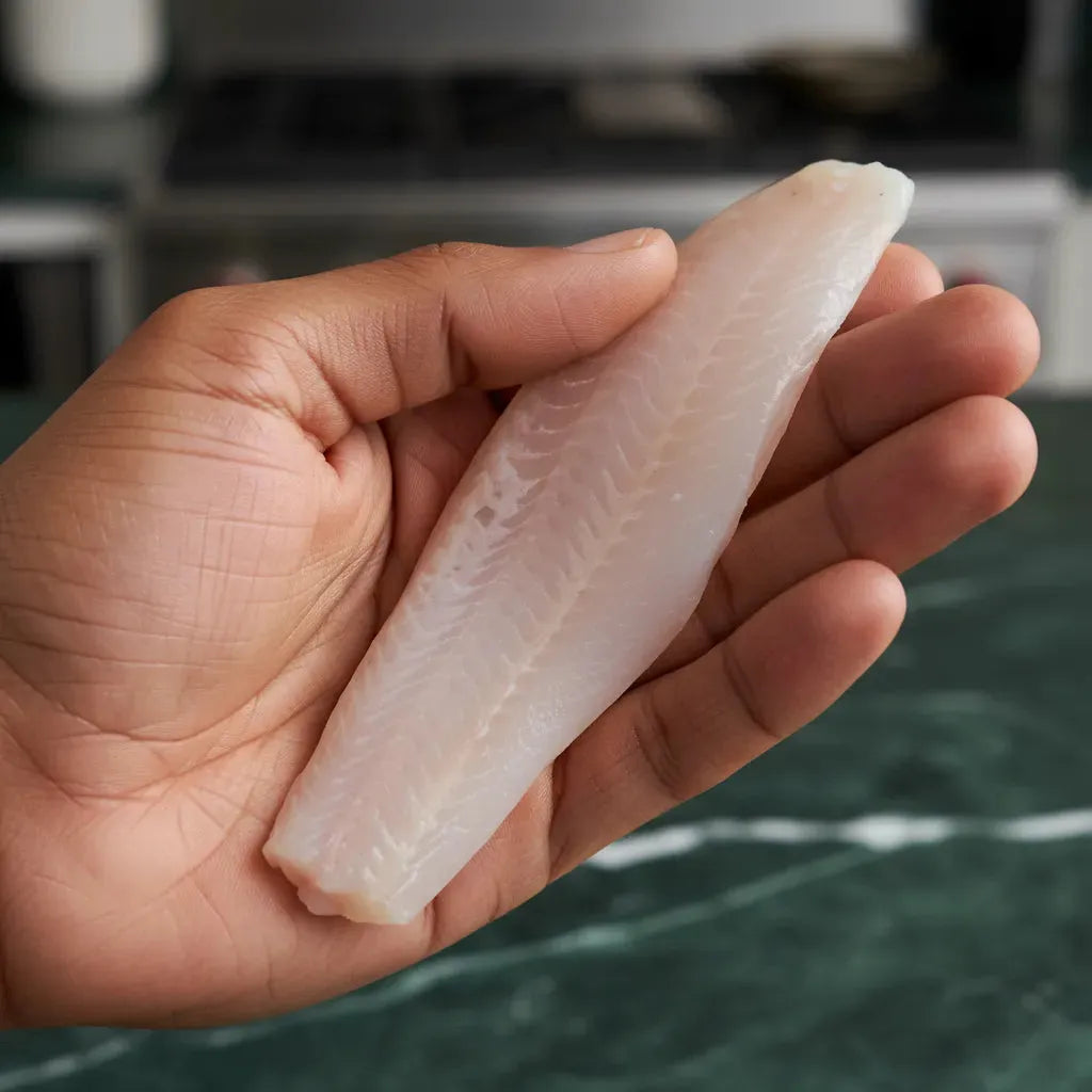 Filet de merlu sans peau tenu à la main, montrant sa texture fine et sa fraîcheur pour une préparation culinaire facile.