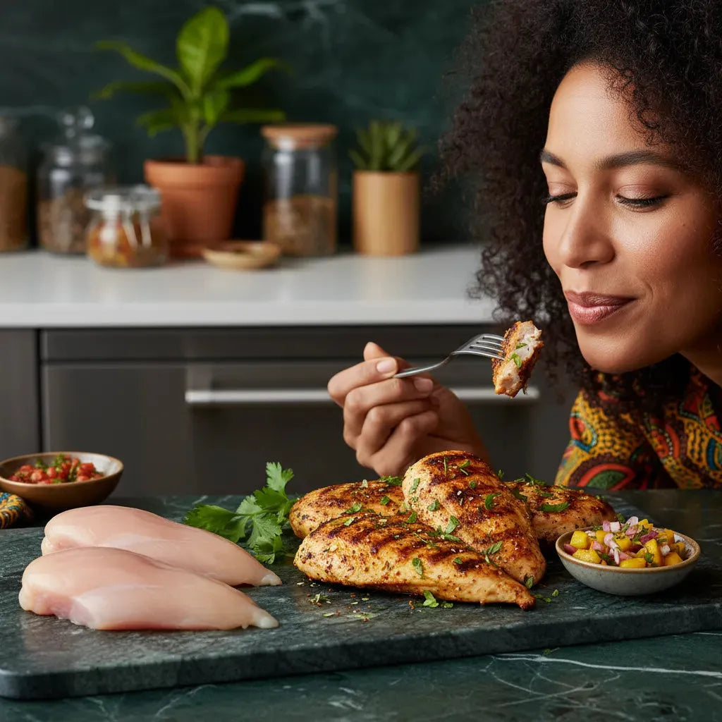 Filet de poulet Halal grillé dégusté avec accompagnement, montrant texture juteuse et cuisson parfaite. Produit idéal pour repas équilibré.