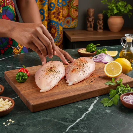 Préparation de filet de poulet Halal avec épices fraîches sur planche en bois. Volaille tendre prête à être cuisinée pour un plat savoureux.