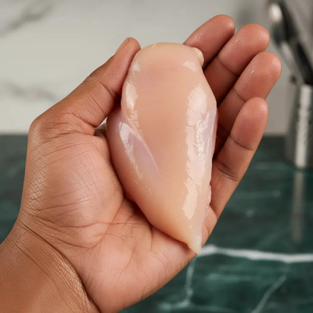 Filet de poulet Halal cru tenu en main, montrant sa fraîcheur et texture tendre. Volaille idéale pour cuisine maison ou professionnelle.