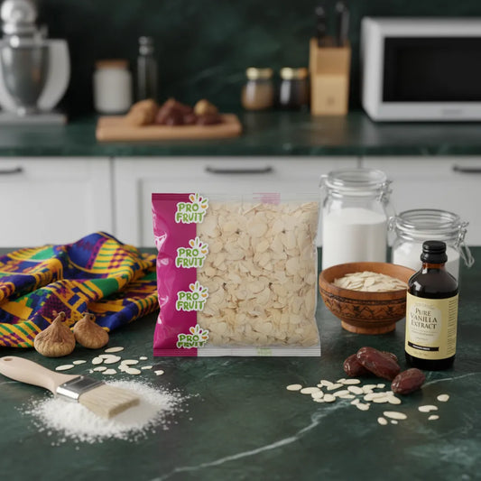 Sachet d'amandes effilées PROFRUIT posé sur un plan de travail avec ingrédients pâtissiers. Idéal pour recettes sucrées en cuisine maison.