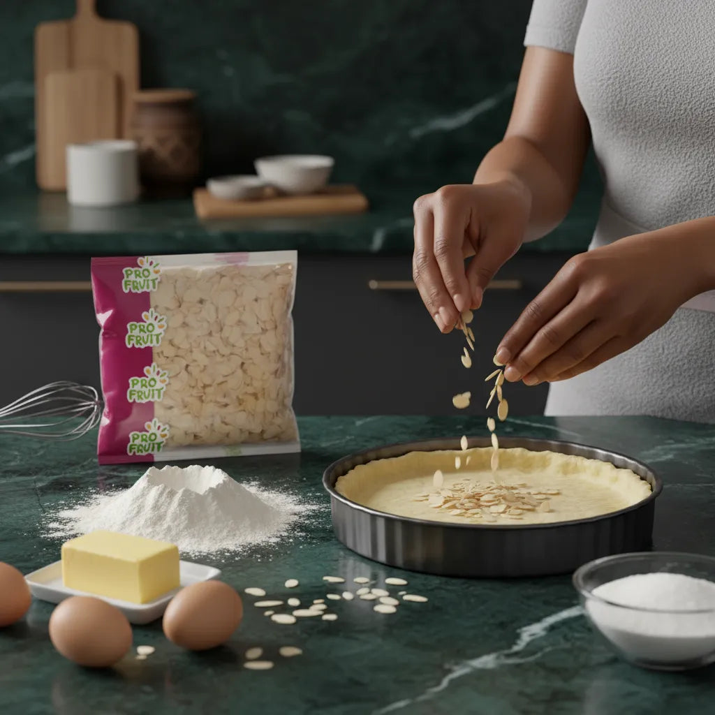 Femme ajoutant des amandes effilées PROFRUIT sur une pâte à tarte. Produit prêt à l'emploi pour préparations culinaires raffinées.