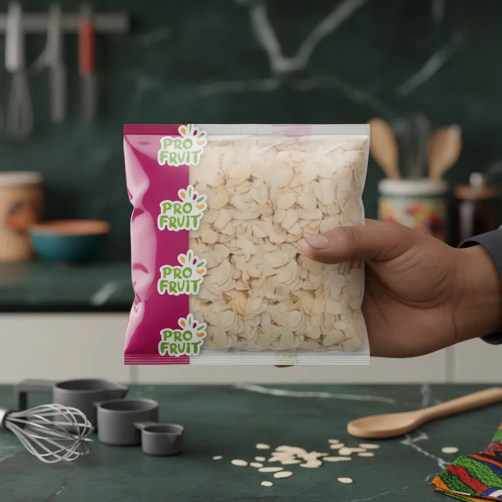 Main tenant un sachet d'amandes effilées PROFRUIT dans une cuisine moderne. Fines lamelles parfaites pour plats sucrés ou salés.