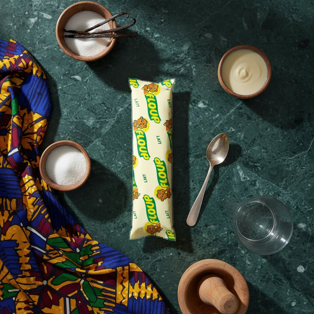 Glace Floup Pina Colada posée sur table en marbre vert avec ingrédients tropicaux, dessert glacé crémeux à la vanille, coco et ananas.