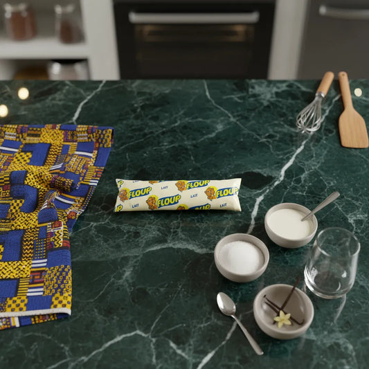 Bâtonnet Glace Floup coco posé sur un plan de travail en cuisine avec ingrédients, illustrant sa texture onctueuse et son goût authentique de noix de coco.