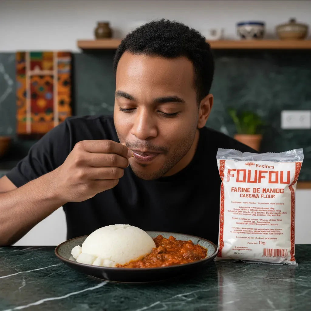 Homme dégustant un plat de foufou préparé avec la farine de manioc RACINES, parfaite pour la cuisine africaine authentique.