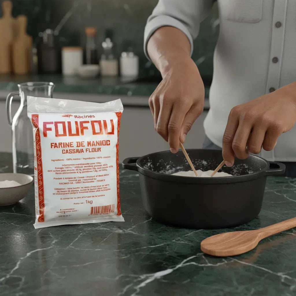 Préparation du foufou avec la farine de manioc RACINES dans une casserole, ingrédient clé en épicerie salée traditionnelle.